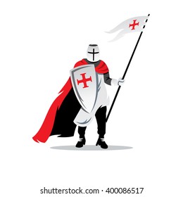 Vector Knight Cartoon Illustration. Crusader helmet with spear and shield. Branding Identity Corporate unusual Logo isolated on a white background