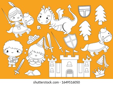 eine Vektorillustration von Ritter und Drachenthemengrafik auf Schwarz-Weiß
