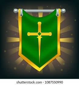 Vector knight flag with sword suspended on the silver pole. Perfect for games or other design works