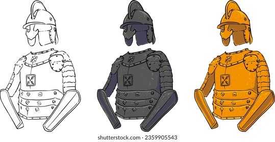 Vector knight suit of armor protection with helmet isolated on white background.