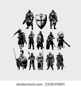 Vector Knights, Warriors, Isolated Design Elements, Icon Pack, Vector shapes, Medieval Silhouettes, Grunge, Anti-Design, Sketch, Illustration, Hand Drawn, Trash, Rough, Damaged, Black, Tattoo