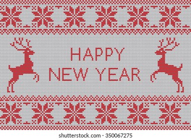 Vector knit pattern with scandinavian deer and sweater patterns. New Year and Merry Christmas card. Knit card with greetings.
