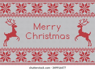Vector knit pattern with scandinavian deers and sweater patterns. New Year and Merry Christmas card. Knit card with greetings.