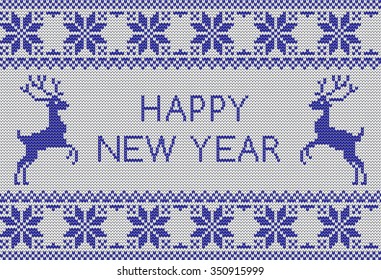 Vector knit pattern with scandinavian deers and sweater patterns. New Year and Merry Christmas card. Knit card with greetings.
