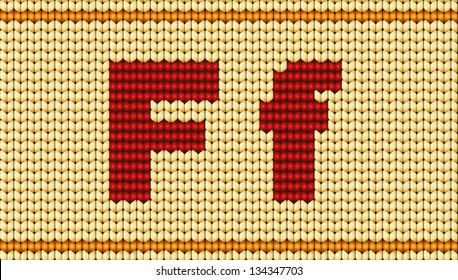 Vector knitted alphabet. Red characters on yellow background. Letter F