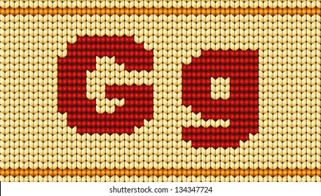 Vector knitted alphabet. Red characters on yellow background. Letter G