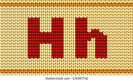 Vector knitted alphabet. Red characters on yellow background. Letter H