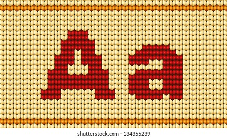 Vector knitted alphabet. Red characters on yellow background. Letter A