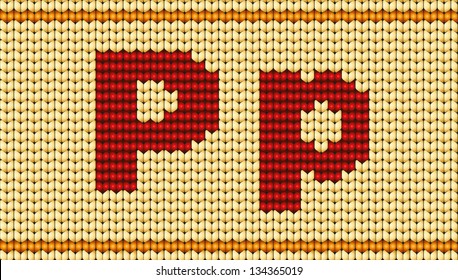 Vector knitted alphabet. Red characters on yellow background. Letter P