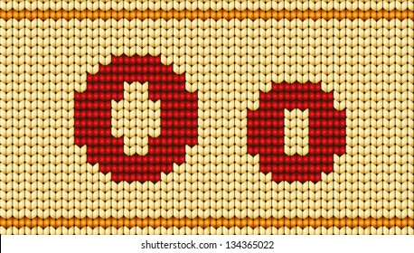 Vector knitted alphabet. Red characters on yellow background. Letter O