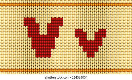 Vector knitted alphabet. Red characters on yellow background. Letter V