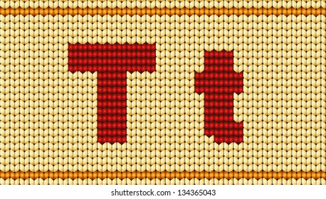 Vector knitted alphabet. Red characters on yellow background. Letter T