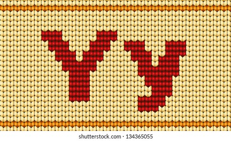 Vector knitted alphabet. Red characters on yellow background. Letter Y