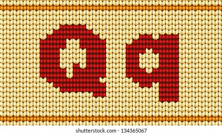 Vector knitted alphabet. Red characters on yellow background. Letter Q