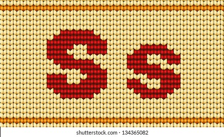 Vector knitted alphabet. Red characters on yellow background. Letter S