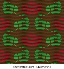 Vector. Knitted brown background with green leaves and red roses