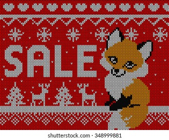 Vector knitted christmas card with fox deer and tree. Red background, christmas wallpaper 2016.