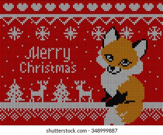 Vector knitted christmas card with fox deer and tree. Red background, christmas wallpaper 2017.