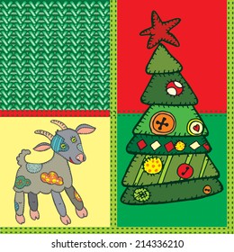 Vector knitted Christmas pattern or template patchwork and applique. Symbol 2015 Goat and New Year tree.