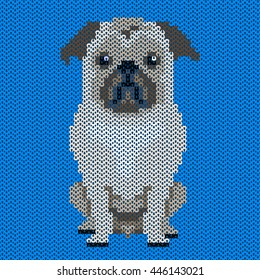 Vector knitted dog pattern.Pug-dog on blue background. Illustration for sweater, pullover, slip-over, woolly, bag, satchel, carrier bag.

