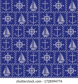 Vector knitted marine collection - anchor, sailboat, helm