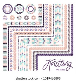 Vector knitted ornament brush collection with needlework loops and heart shape stitches in pale colors. Set with wreaths and embroidered lettering