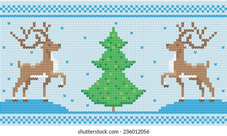 Vector knitted ornament with deers and Chrestmas tree