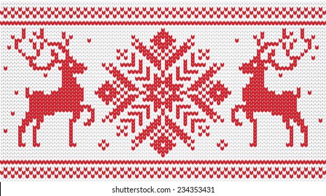 Vector knitted ornament with deers / red