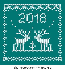 Vector knitted pattern with 2018 and deer. Christmas nordic fair isle elements. Flat vector cartoon illustration. Objects isolated on white background.