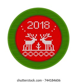 Vector knitted pattern in color wooden frame with 2018 and deer. Christmas nordic fair isle elements. Flat vector cartoon illustration. Objects isolated on white background.