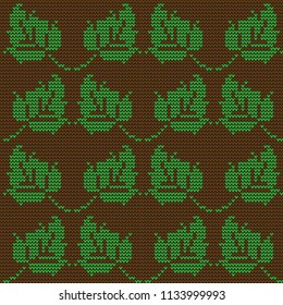 Vector Knitted Pattern. Simple seamless brown background with green leaves.