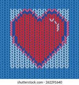 vector knitted with red heart on blue background