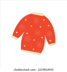 Vector knitted red winter sweater with snowflakes. Warm sweater icon. Christmas greeting card with a sweater.