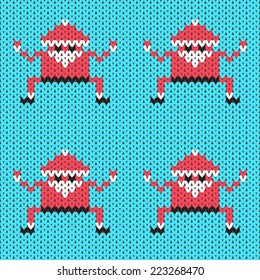 Vector knitted Santa Claus in crab pose with blue background
