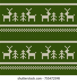 Vector knitted seamless background. Christmas motive: white deers on green background.
