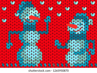 vector knitted snowman pattern on a red background