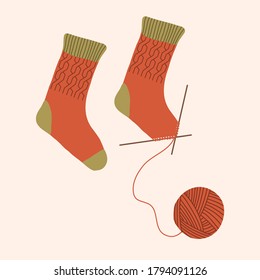 Vector knitted socks. Autumn mood. Knitting. Vector hand drawn illustration.