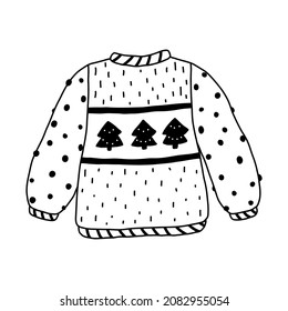 Vector knitted sweater isolated on white background. Doodle ugly sweater with fir trees.