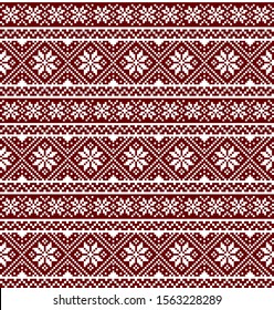 Vector knitted sweater seamless Christmas pattern with snowflakes. Traditional Scandinavian red and white geometric winter background