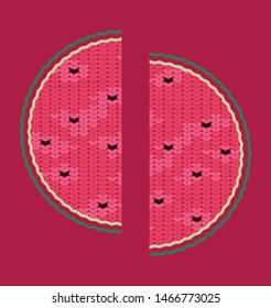 Vector knitted watermelon in a circle. Knitted background. Watermelon slice.