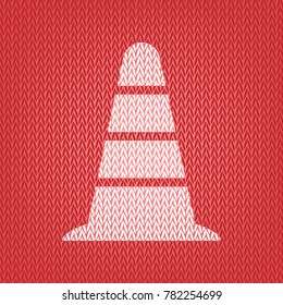 . Vector. Knitted white icon on a red knitted background.