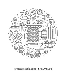 Vector Knitting concept in trendy linear style made in a shape of circle. Hand made banner illustration.