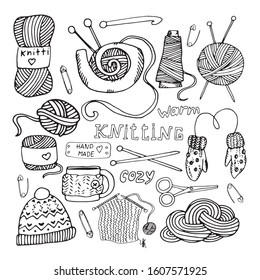 Vector knitting elements, knitting needles, hooks, balls, mittens, basket, pins, yarn, scissors for decoration and design of printing, textiles, cards, coloring books, paper and any ideas