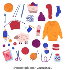 Vector knitting elements set. Sweater, socks, hat, scarf, threads, sheep, buttons in a jar, knitting needles flat drawings