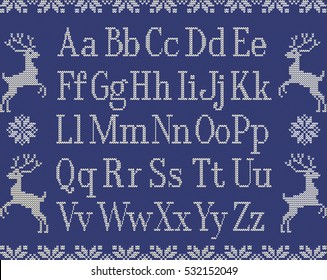 Vector knitting latin letters with deers and stars. Winter scandinavian font. Alphabet for norway sweater. Christmas knitting font. Handicraft background.
