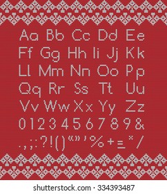 Vector knitting latin letters, numbers and signs of punctuation. Winter scandinavian font. Alphabet for norway sweater.