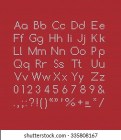 Vector knitting latin letters, numbers and signs of punctuation. Winter scandinavian font. Alphabet for norway sweater.