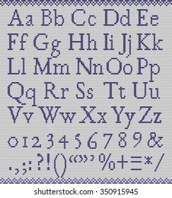 Vector knitting latin letters, numbers, ampersand and signs of punctuation. Winter scandinavian font. Alphabet for norway sweater.