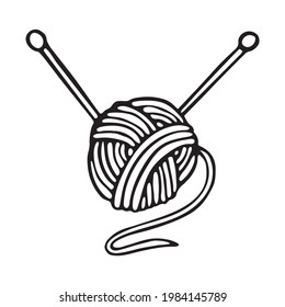 Vector Knitting Needles and Ball of Wool Yarn Logo. Vector illustration Simple doodle style. Symbol of Knitting, hobby, needlework. Minimalistic logo