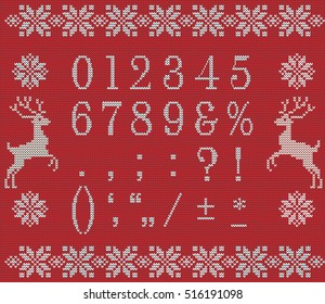 Vector knitting numbers and signs of punctuation. Winter scandinavian font. Alphabet for norway sweater. Christmas knitting font. Handicraft background.